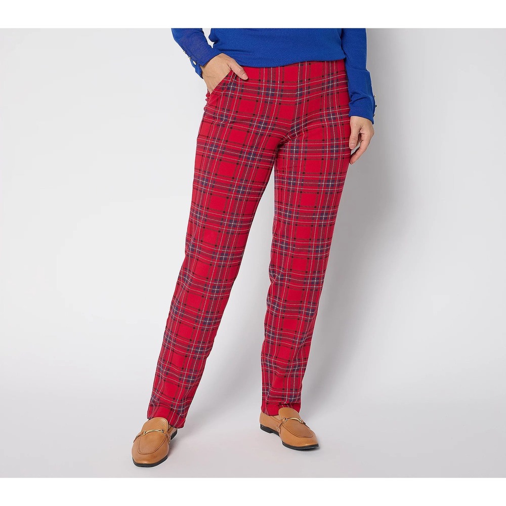 Denim & Co. Petite‎ Duo Stretch Straight Leg Pants Red Plaid XSP